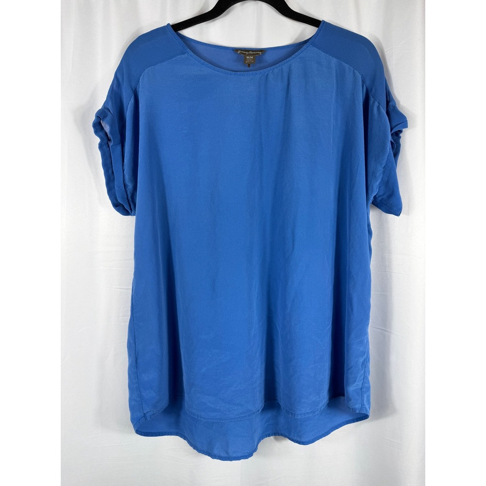 Tommy Bahama Womens 100% Silk Short Sleeve Rolled Cuff Blouse Blue Medium